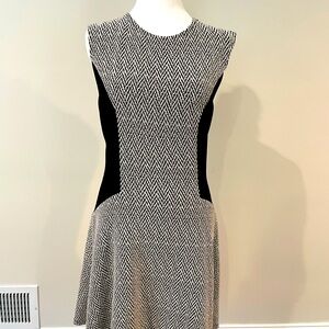 Black and white chevron, exposed zipper fit and flare dress.